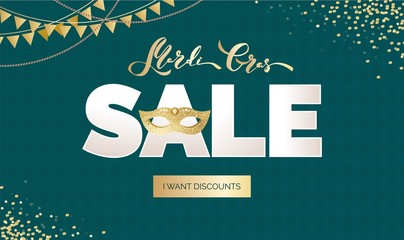 Mardi gras sale vector banner with lettering and holiday symbols mask, with bunting flags and beads. Great for banner, voucher, offer, coupon, holiday sale.