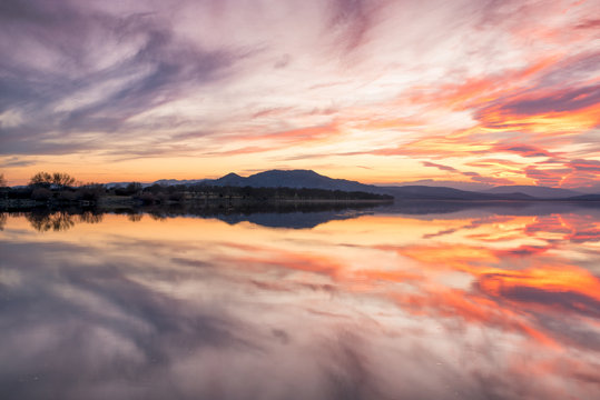 Reflections on the lake in a amazing sunset