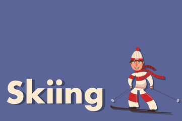 Cartoon skier with a smile. Winter sport. Background of snowflakes. Comic boy