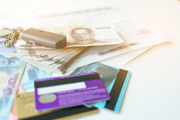 Finance concept :Thai banknotes , bills and credit cards for payment
