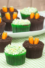 Easter Cupcakes. Homemade. Decorated With Candy Carrots, Chocola
