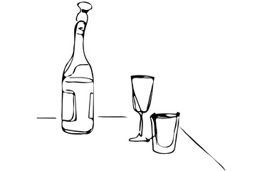 vector sketch of a champagne bottle and glasses of wine on the t