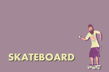 Cool vector hipster man character with beard riding longboard skateboard.Comic character
