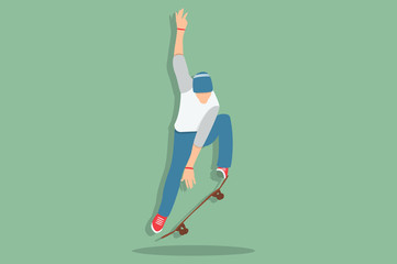 Cool vector hipster man character on skateboard. Cartoon