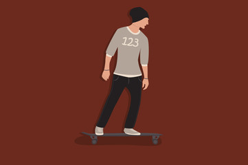 Cool vector hipster man character on skateboard. Cartoon