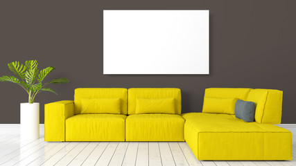 Modern bright interior with empty frame . 3D rendering