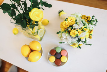 Wedding bouquet, lemons and macaroons