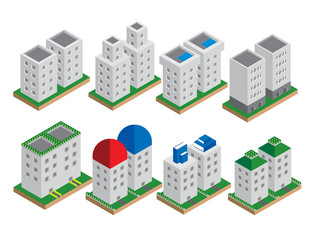 Set of the isometric vector elements. Skyscrapers, park with pon