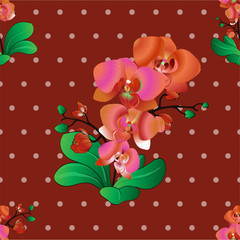Orchids. Seamless vector pattern. Flowers and dots. Use printed materials, signs, items, websites, maps, posters, postcards, packaging.