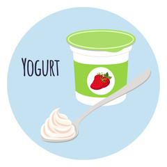 Strawberry yogurt in plastic cup. Milk cream product. Flat style