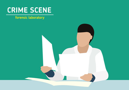 Investigation. Laboratory studies evidence. Forensic procedure. Murder investigation. Officer examines the documents the evidence. Flat style illustration.