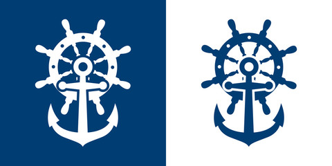 Icono plano ancla sobre timon azul y blanco
