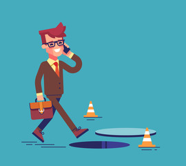 Businessman going on the street and talking by cell phone. He doesn't notice open manhole and could fall. Business risks and insurance concept. Vector illustration.