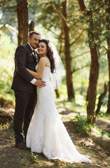 Naklejka premium Lovely embracement in the wood in the wedding day