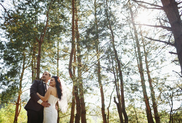 Adorable newlyweds in the beautiful wood