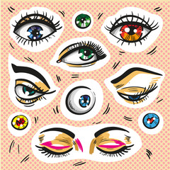 Eyes stickers, fashion badges, hand drawn pop art elements