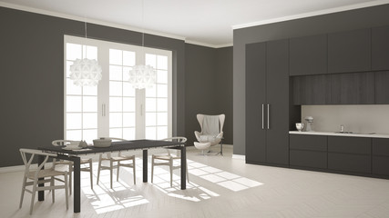 Scandinavian classic white kitchen with wooden and gray details,