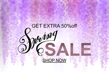 Advertisement about the spring sale on defocused background with beautiful blooming wisteria. Vector illustration