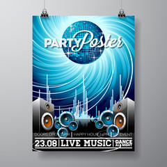Vector Party Flyer Design with music elements on blue background