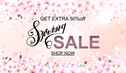 Advertisement about the spring sale on defocused background with beautiful cherry blossom. Vector illustration.