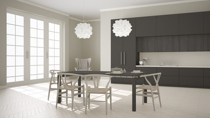 Scandinavian classic white kitchen with wooden and gray details,