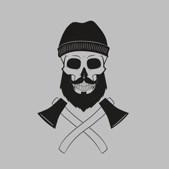 Vector illustration of woodcutter with two axes. Skull with beard.