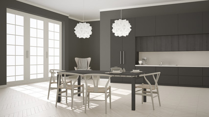 Fototapeta na wymiar Scandinavian classic white kitchen with wooden and gray details,