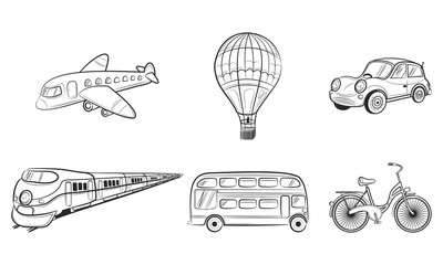 Hand draw sketch Transportation Travel icons: plane, train, bus, car, balloon. Vector illustration