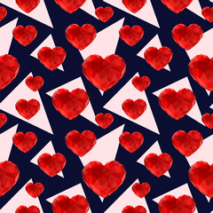 Seamless vector pattern with triangular hearts and triangles.