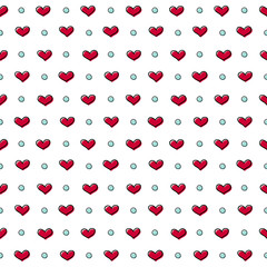Red hearts and blue dots. Seamless vector pattern.