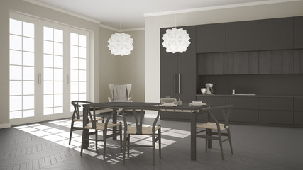 Scandinavian classic white kitchen with wooden and gray details,