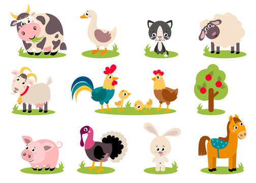 Big set isolated farm birds, animals. Vector collection funny animals. Cute domestic animals in cartoon style. Pig, rooster, hen, chicken, horse, cow, rabbit, goose, duck, sheep, turkey, cat, goat