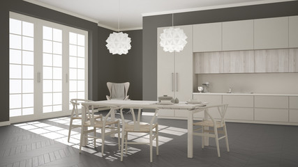 Scandinavian classic white kitchen with wooden and gray details,