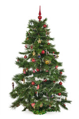 A christmas tree decorated with beautiful toys and garlands. White isolated background.