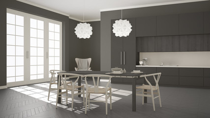 Scandinavian classic white kitchen with wooden and gray details,