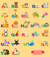 Cute english illustrated zoo alphabet with cute cartoon animal. Vector illustration for kids education, foreign language study. © anhut