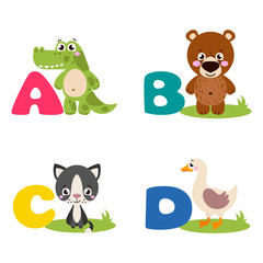 A vector illustration of alphabet animals from A to D. Vector illustration for kids education, foreign language study.