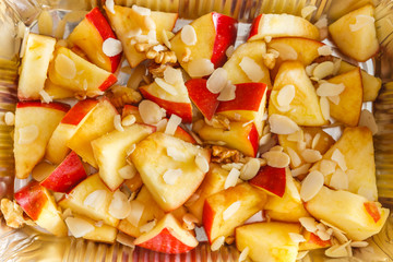 Healthy food in foil box, diet concept. Apple dessert