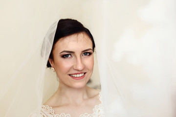 Bride with deep grey eyes smiles tender standing under the veil