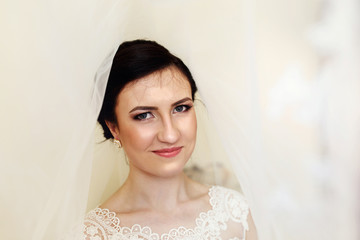 Look from under the veil at beautiful bride with soft pink lips