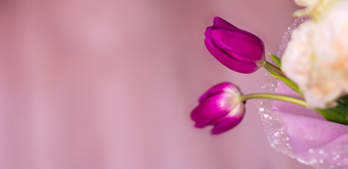 Obraz premium The bride's bouquet, white roses, tulips, delicate flowers, use as background or texture, soft pastel colors