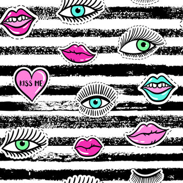Hand drawn fashion patches eyes, red lip, heart seamless pattern. Vector beauty illustration of open and close eyes for card, clothes, background. Pop art sticker, patche, pin, badge 80s-90s style