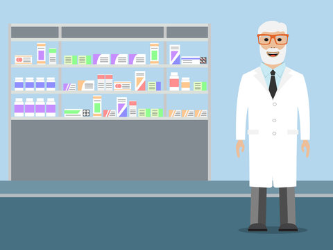 Pharmacist standing near shelves with medications