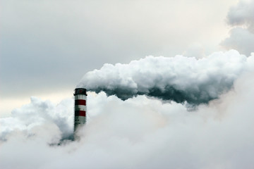 big cloud of smoke coming out of  power plant chimney, pollution - obrazy, fototapety, plakaty