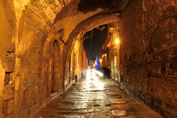 Night ancient street in the Jerusalem old city , Israel.