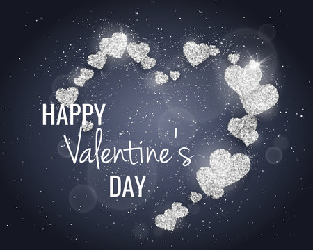 Vector Happy Valentine's Day greeting card with sparkling glitter silver textured hearts on blue background. Seasonal holidays background. Love Symbols in heart shape
