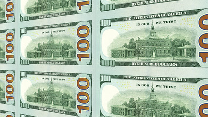 Reverse side of new one hundred 100 dollar bills moving away to distance 3d perspective view