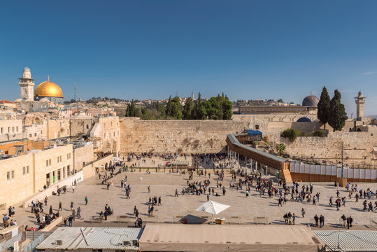 Temple Mount in the old city of Jerusalem, including the Western Wall and Dome of the Rock.