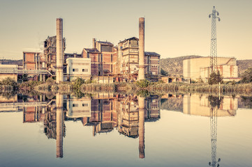 Old Factory. Chemical plant. Pipes,smokestacks,storage tank and