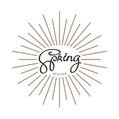 Spring season. Creative handwritten calligraphy composition with linear starburst.
 Vector template for your design. 